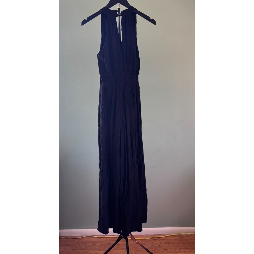 Anthropologie Jumpsuit Bionda Plisse Smocked Waist Wide Leg Black Size XS Boho - Picture 7 of 14